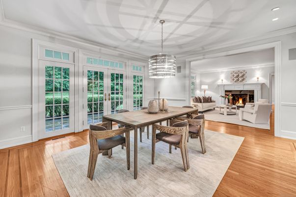 Dining room, Fireplace, Interior, Living room, Pendant Lights, Recessed Lighting, Wood Texture Flooring
