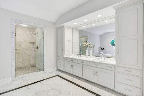 Bathroom, Dual Sink Vanities, Glass Shower, Interior, Marble, Marble Walls, Recessed Lighting
