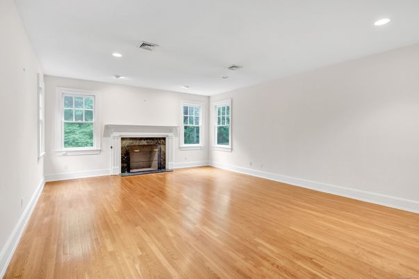Empty room, Fireplace, Interior, Recessed Lighting, Wood Texture Flooring