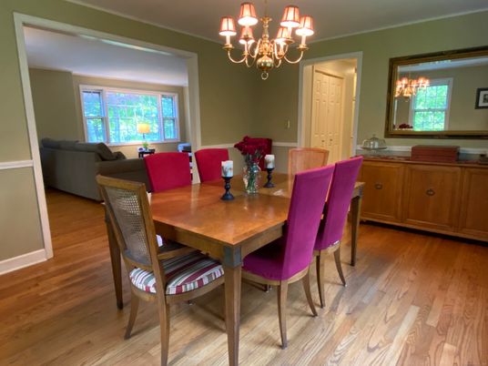Chandelier, Dining room, Interior, Wood Texture Flooring