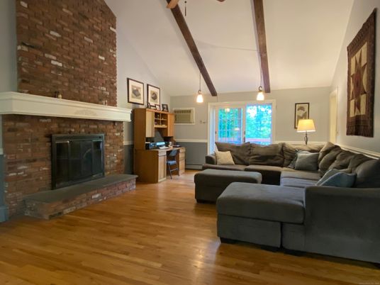 Fireplace, Interior, Living room, Pendant Lights, Stone Walls, Wooden Beams, Wood Texture Flooring