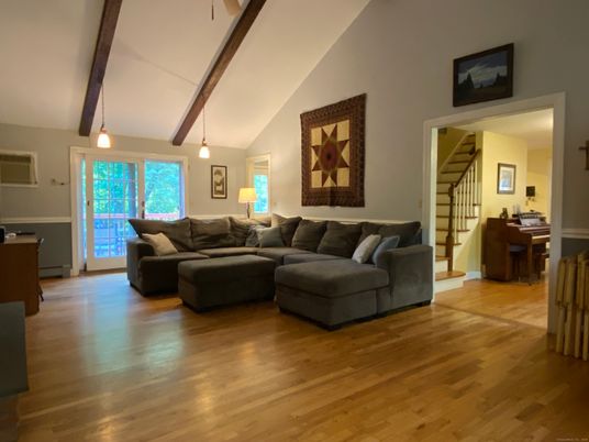 Dining room, Interior, Living room, Pendant Lights, Wooden Beams, Wood Texture Flooring