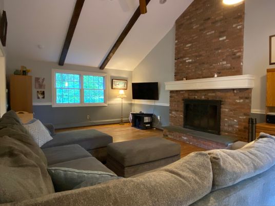 Fireplace, Interior, Living room, Stone Walls, Wooden Beams, Wood Texture Flooring