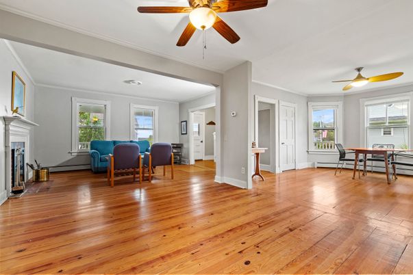 Dining room, Fireplace, Interior, Wood Texture Flooring