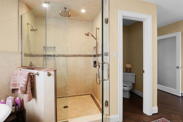 Bathroom, Glass Shower, Interior, Recessed Lighting, Wood Texture Flooring