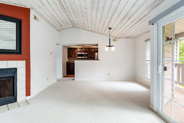 Empty room, Fireplace, Interior, Kitchen, Pendant Lights, Wooden Ceilings