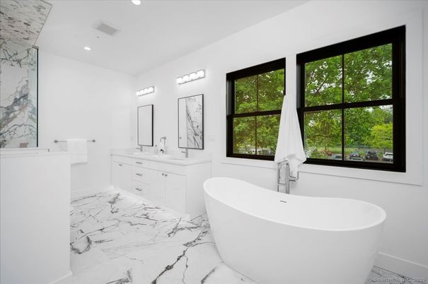 Bathroom, Dual Sink Vanities, Free Standing Baths, Interior, Marble, Recessed Lighting