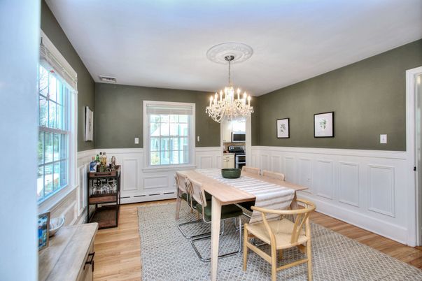 Chandelier, Dining room, Interior, Wood Texture Flooring