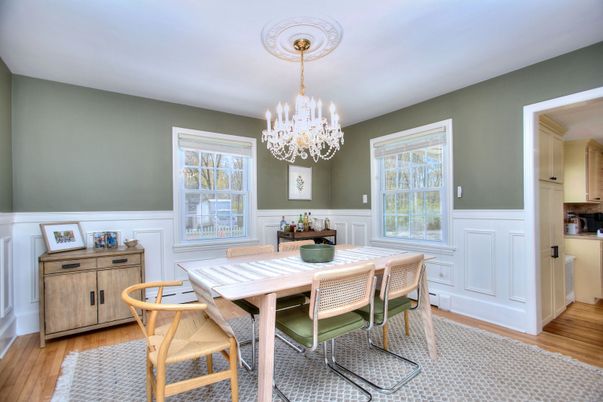 Chandelier, Dining room, Interior, Wood Texture Flooring
