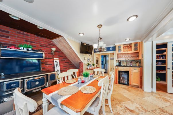 Dining room, Fireplace, Interior, Pendant Lights, Recessed Lighting, Stone Walls
