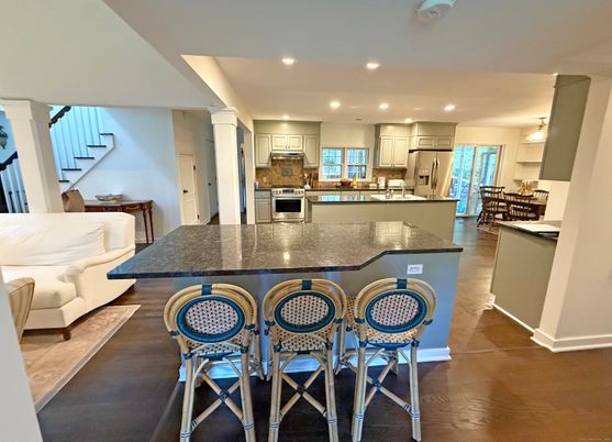 Dining room, Interior, Kitchen, Recessed Lighting, Stainless Steel Appliances, Wood Texture Flooring
