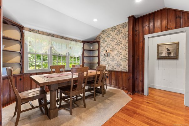 Dining room, Interior, Recessed Lighting, Wood Texture Flooring