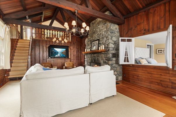 Chandelier, Fireplace, Interior, Living room, Stone Walls, Wooden Beams, Wooden Ceilings, Wood Texture Flooring, Wooden Walls