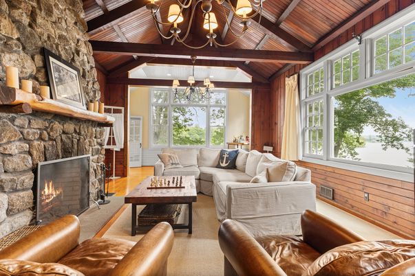 Chandelier, Fireplace, Interior, Living room, Stone Walls, Wooden Beams, Wooden Ceilings, Wooden Walls