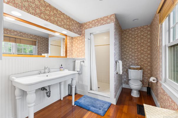 Bathroom, Interior, Recessed Lighting, Wood Texture Flooring