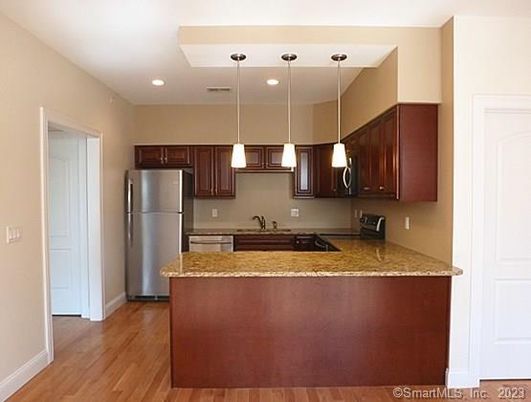 Interior, Kitchen, Pendant Lights, Recessed Lighting, Wood Texture Flooring