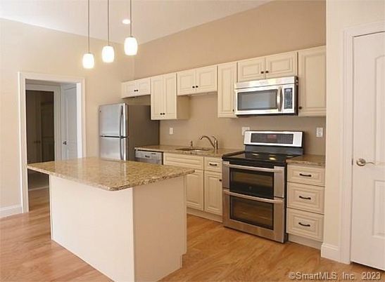 Interior, Kitchen, Pendant Lights, Stainless Steel Appliances, Wood Texture Flooring
