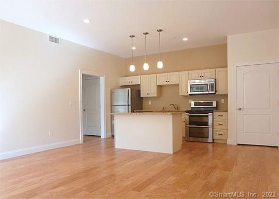 Interior, Kitchen, Pendant Lights, Recessed Lighting, Stainless Steel Appliances, Wood Texture Flooring