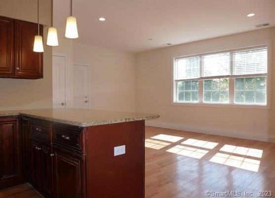 Empty room, Interior, Kitchen, Pendant Lights, Recessed Lighting, Wood Texture Flooring