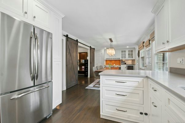 Chandelier, Interior, Kitchen, Recessed Lighting, Stainless Steel Appliances, Wood Texture Flooring