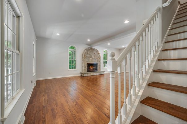 Fireplace, Interior, Recessed Lighting, Wood Texture Flooring