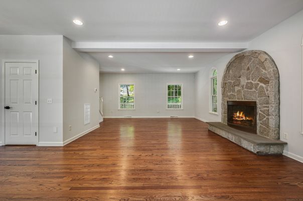 Empty room, Fireplace, Interior, Recessed Lighting, Wood Texture Flooring