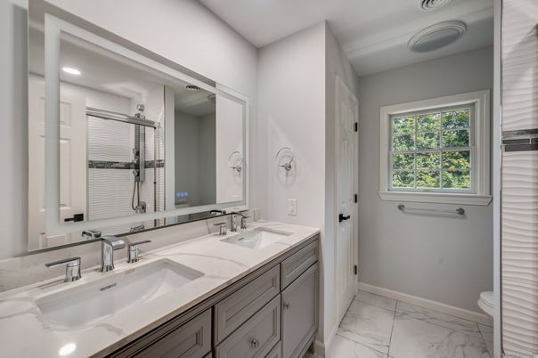 Bathroom, Dual Sink Vanities, Interior, Marble, Recessed Lighting