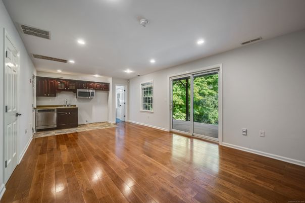Empty room, Interior, Kitchen, Recessed Lighting, Wood Texture Flooring