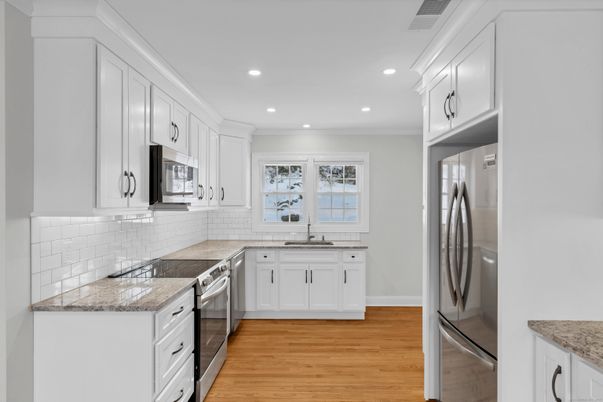 Interior, Kitchen, Recessed Lighting, Stainless Steel Appliances, Wood Texture Flooring