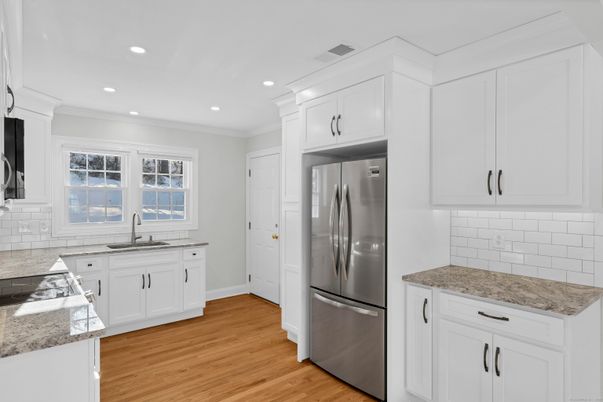 Interior, Kitchen, Recessed Lighting, Stainless Steel Appliances, Wood Texture Flooring