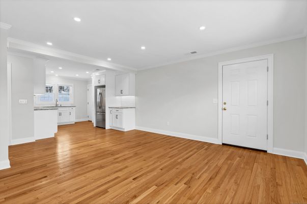 Empty room, Interior, Kitchen, Recessed Lighting, Wood Texture Flooring