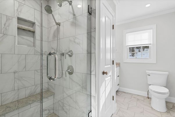 Bathroom, Glass Shower, Interior, Marble, Marble Walls, Recessed Lighting
