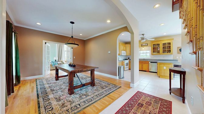 Dining room, Interior, Kitchen, Pendant Lights, Recessed Lighting, Wood Texture Flooring