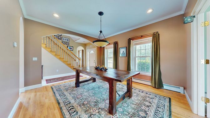 Dining room, Game Room, Interior, Pendant Lights, Recessed Lighting, Wood Texture Flooring