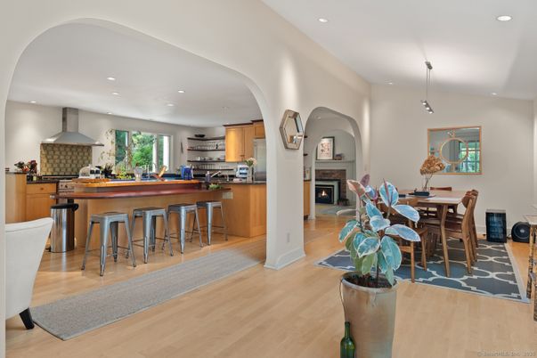 Dining room, Fireplace, Interior, Kitchen, Pendant Lights, Recessed Lighting, Wood Texture Flooring