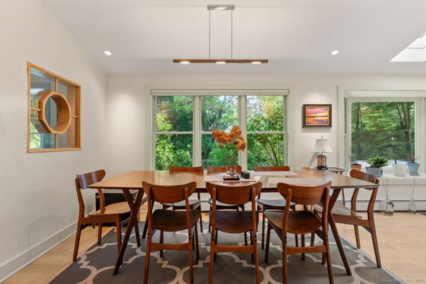 Dining room, Interior, Pendant Lights, Recessed Lighting, Wood Texture Flooring