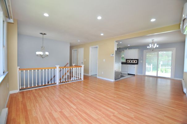 Chandelier, Empty room, Interior, Kitchen, Pendant Lights, Recessed Lighting, Wood Texture Flooring
