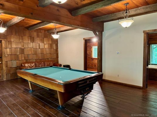 Billiard Table, Game Room, Interior, Pendant Lights, Wooden Beams, Wooden Ceilings, Wood Texture Flooring, Wooden Walls