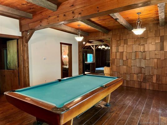 Billiard Table, Game Room, Interior, Pendant Lights, Wooden Beams, Wooden Ceilings, Wood Texture Flooring, Wooden Walls