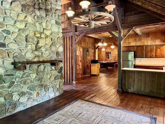 Chandelier, Interior, Kitchen, Pendant Lights, Stone Walls, Wooden Beams, Wood Texture Flooring, Wooden Walls