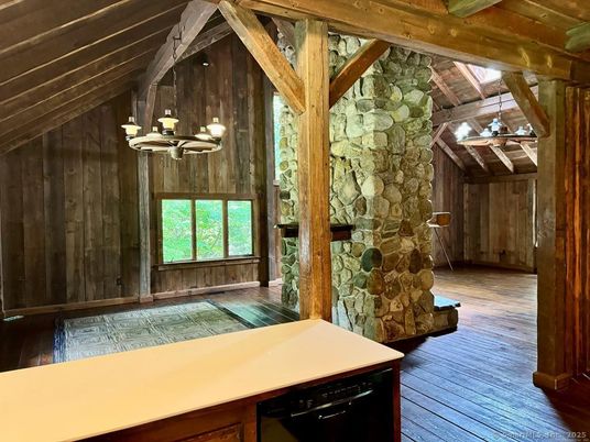 Chandelier, Empty room, Interior, Stone Walls, Wooden Beams, Wooden Ceilings, Wood Texture Flooring, Wooden Walls