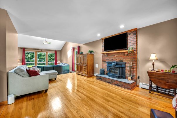 Fireplace, Interior, Living room, Recessed Lighting, Wood Texture Flooring
