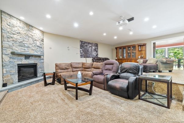 Fireplace, Interior, Living room, Recessed Lighting, Stone Walls