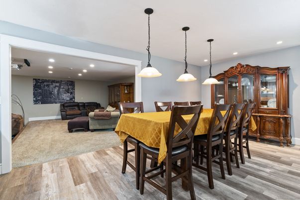 Dining room, Interior, Living room, Pendant Lights, Recessed Lighting, Wood Texture Flooring