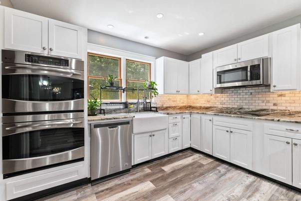 Interior, Kitchen, Recessed Lighting, Stainless Steel Appliances, Wood Texture Flooring