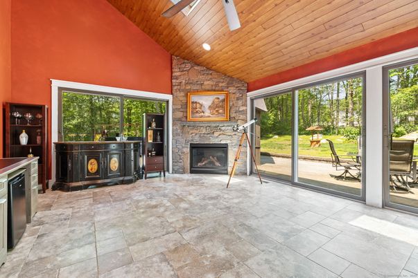Fireplace, Interior, Recessed Lighting, Wooden Ceilings