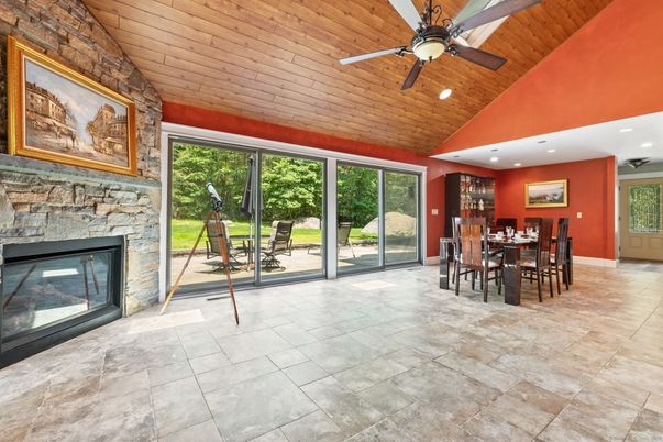 Dining room, Fireplace, Interior, Recessed Lighting, Wooden Ceilings