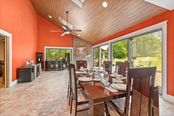 Dining room, Fireplace, Interior, Recessed Lighting, Wooden Ceilings