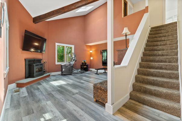 Fireplace, Fitness Equipment, Interior, Recessed Lighting, Wooden Beams, Wood Texture Flooring