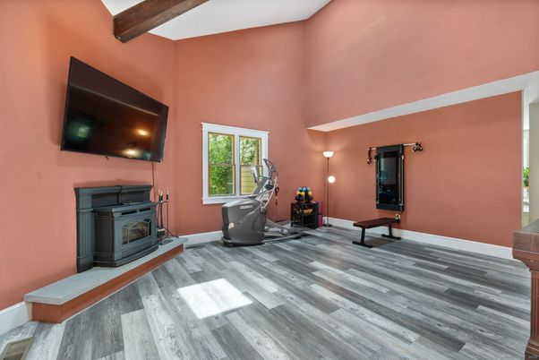 Fireplace, Fitness Equipment, Interior, Wooden Beams, Wood Texture Flooring